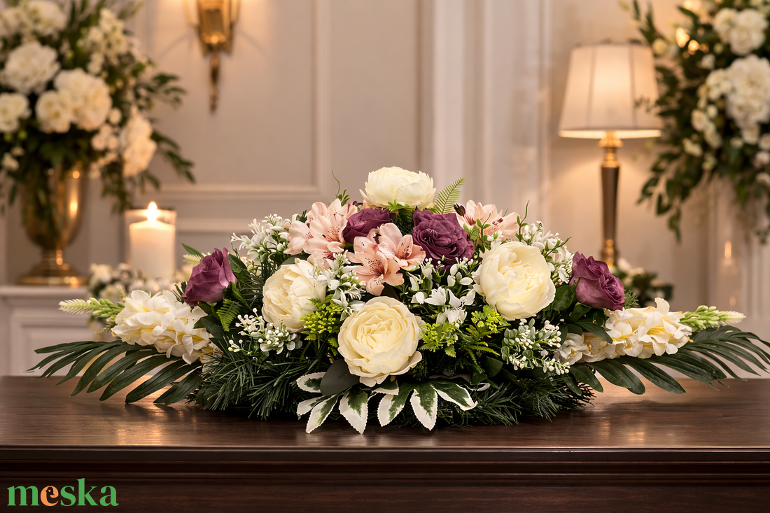 Elegáns rózsás sírdísz � kegyeleti virágkompozíció krém és bordó virágokkal - otthon & életmód - vallás - temetkezési tárgy - sírdísz, kegyeleti dísz - Meska.hu