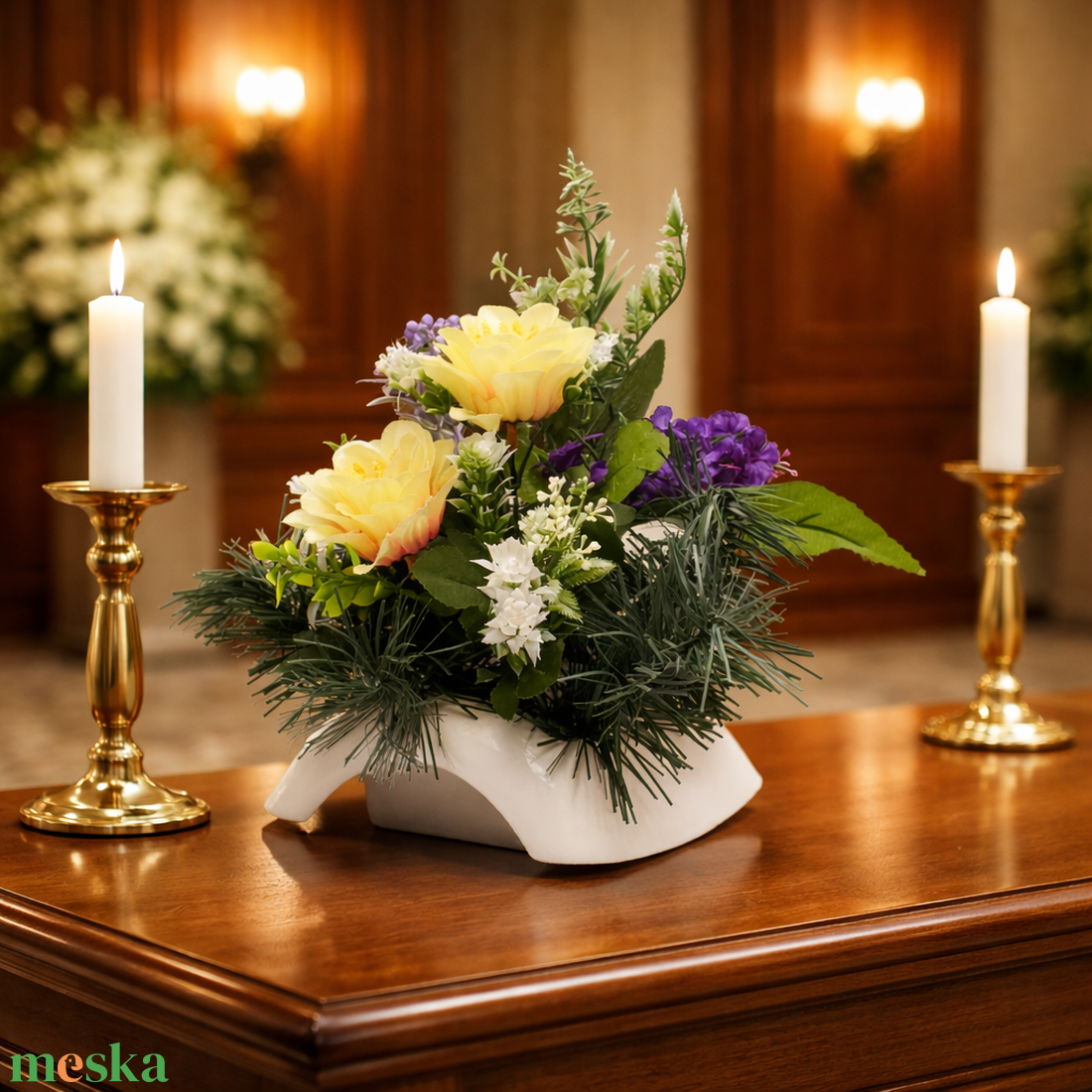  Tavaszi hangulatú temetői dísz sárga és lila virágokkal - otthon & életmód - vallás - temetkezési tárgy - sírdísz, kegyeleti dísz - Meska.hu