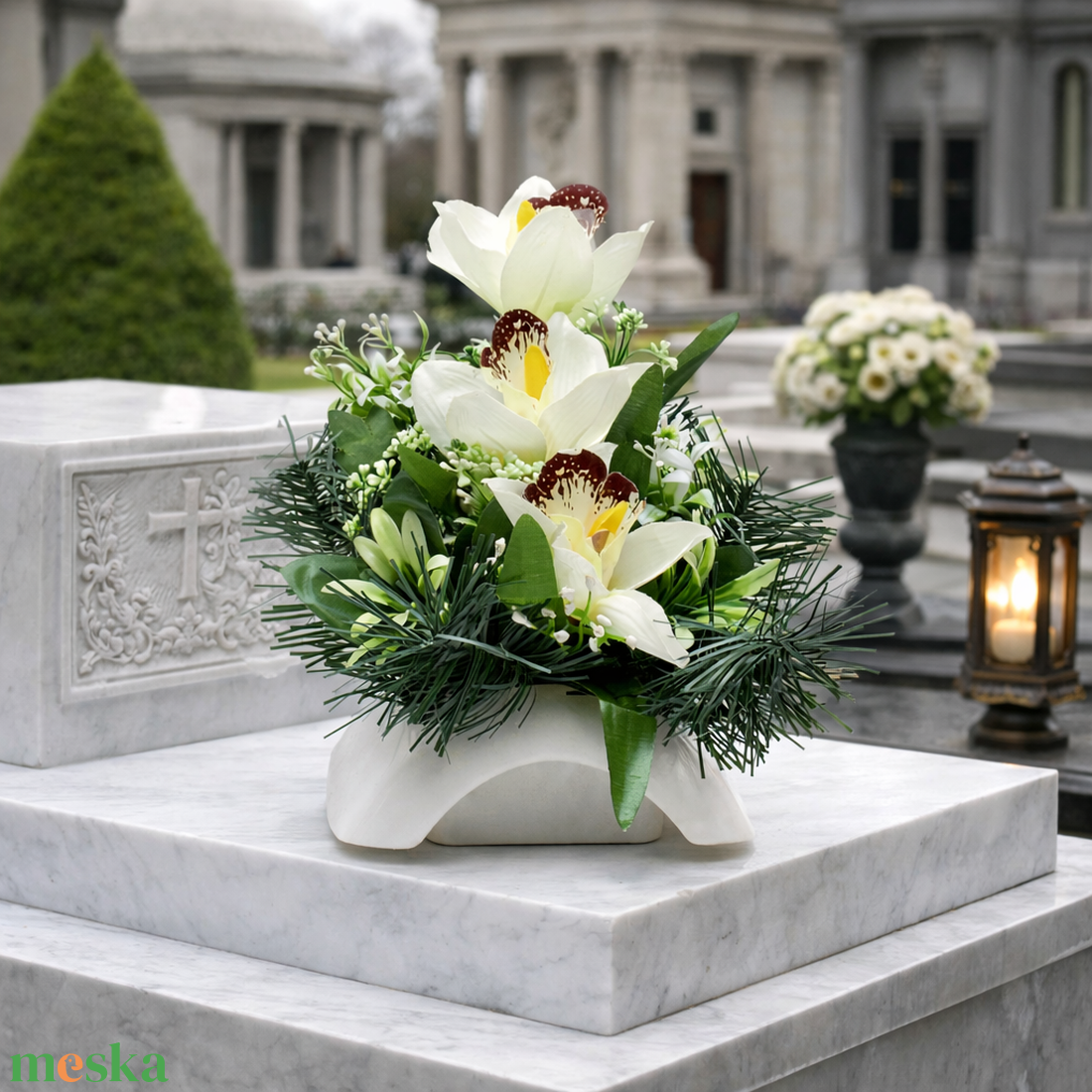 Elegáns orchideás temetői dísz fehér-zöld színvilágban - otthon & életmód - vallás - temetkezési tárgy - sírdísz, kegyeleti dísz - Meska.hu