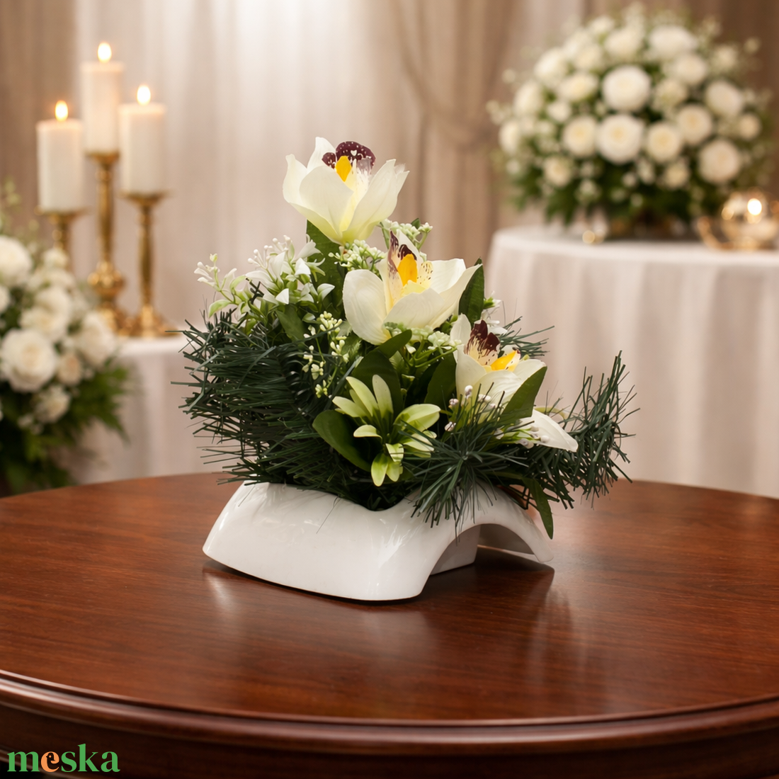 Elegáns orchideás temetői dísz fehér-zöld színvilágban - otthon & életmód - vallás - temetkezési tárgy - sírdísz, kegyeleti dísz - Meska.hu