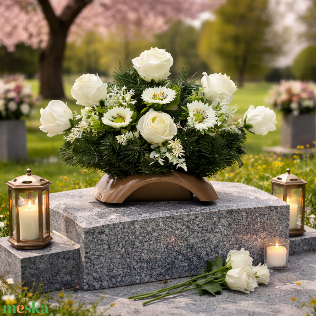 Fehér, letisztult sírdísz művirágokkal - otthon & életmód - vallás - temetkezési tárgy - sírdísz, kegyeleti dísz - Meska.hu