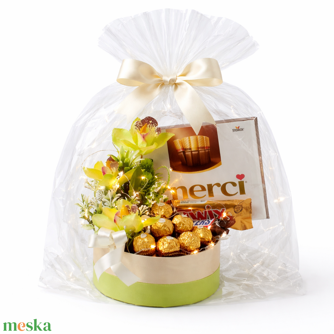 Elegáns zöld ajándékbox csokoládékkal és virágokkal � celofános díszcsomag - élelmiszer - édesség - kézműves csokoládé - Meska.hu