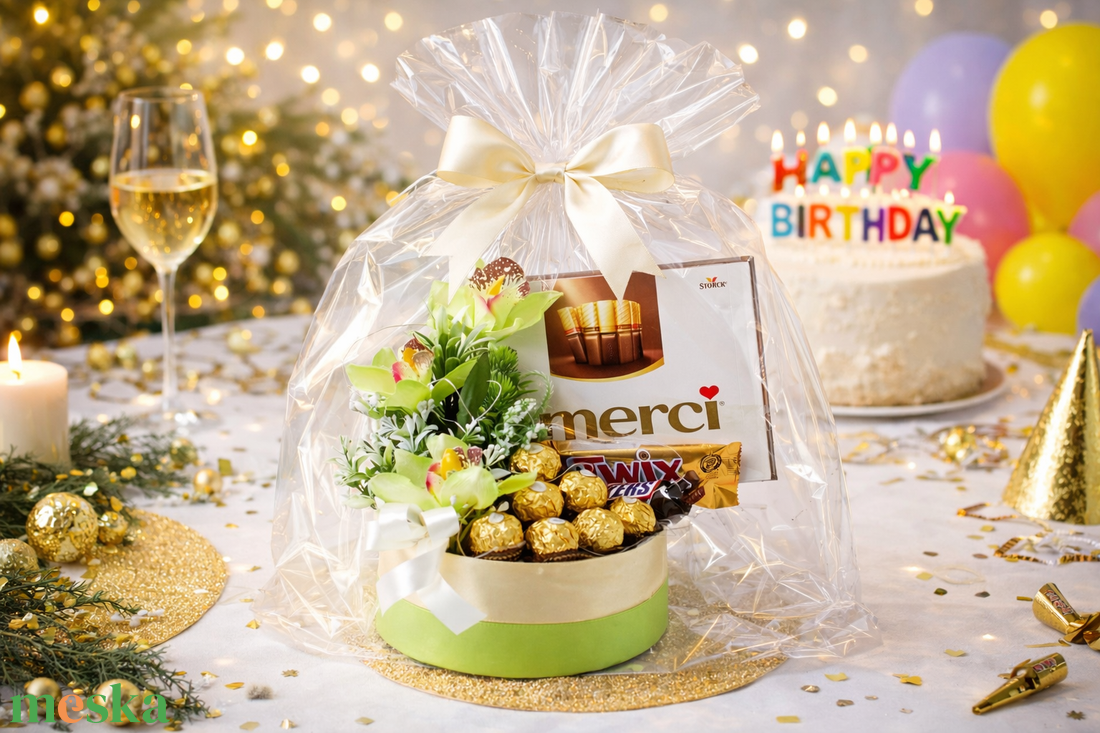 Elegáns zöld ajándékbox csokoládékkal és virágokkal � celofános díszcsomag - élelmiszer - édesség - kézműves csokoládé - Meska.hu