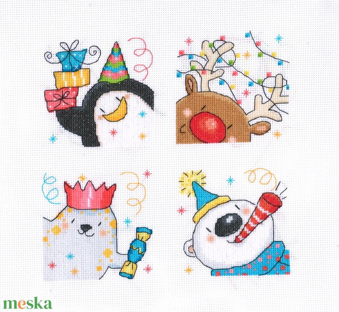 Karácsonyi barátok- pingvin, rénszarvas, fóka, jegesmedve - művészet - textilkép - keresztszemes - Meska.hu