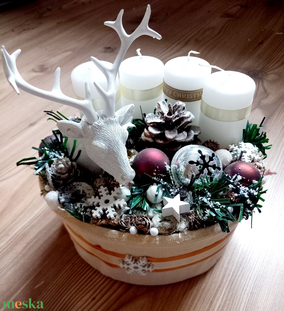 RÉNSZARVAS karácsonyi koszorú, adventi koszorú, adventi asztaldísz, ünnepi dekoráció   - karácsony - karácsonyi lakásdekoráció - karácsonyi ajtódíszek - Meska.hu