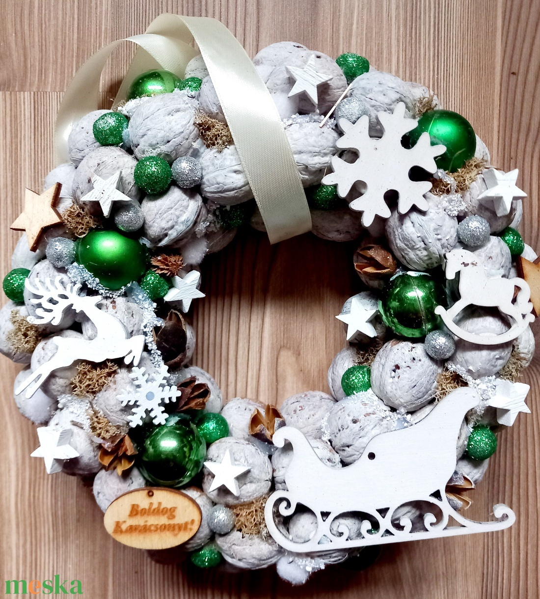 ADVENT IDEJÉN ezüst-zöld-fehér- karácsonyi dekoráció, karácsonyi kopogtató, ajtódísz,  koszorú  - karácsony - karácsonyi lakásdekoráció - karácsonyi ajtódíszek - Meska.hu