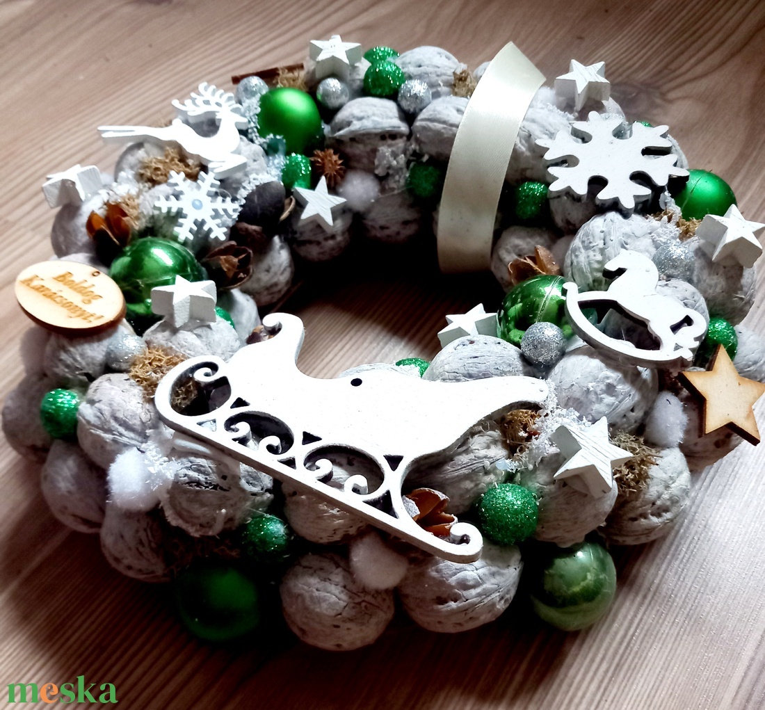 ADVENT IDEJÉN ezüst-zöld-fehér- karácsonyi dekoráció, karácsonyi kopogtató, ajtódísz,  koszorú  - karácsony - karácsonyi lakásdekoráció - karácsonyi ajtódíszek - Meska.hu