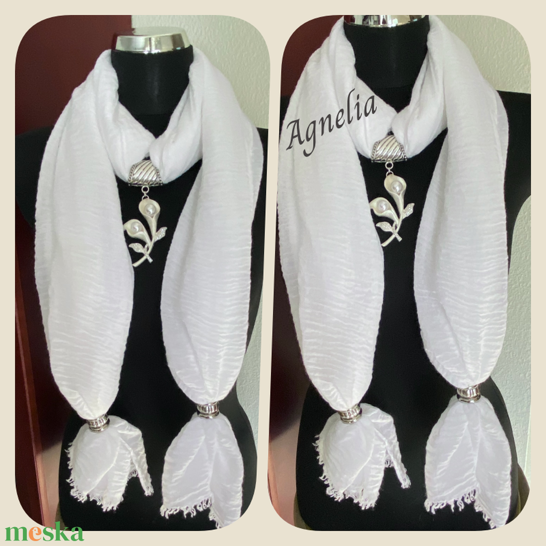 Hófehér ékszersál virágmedállal - ékszer - nyaklánc - medálos nyaklánc - Meska.hu