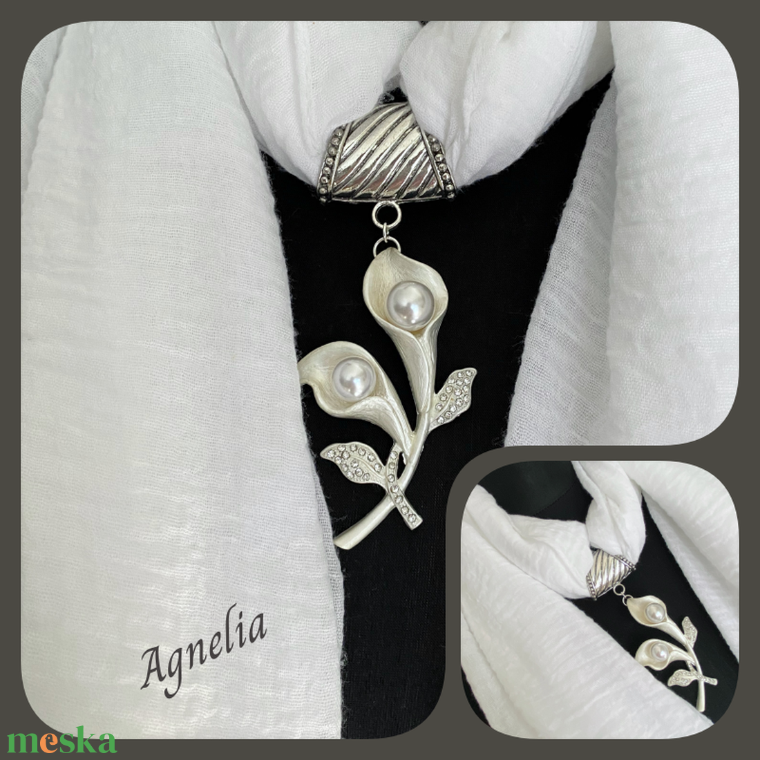 Hófehér ékszersál virágmedállal - ékszer - nyaklánc - medálos nyaklánc - Meska.hu