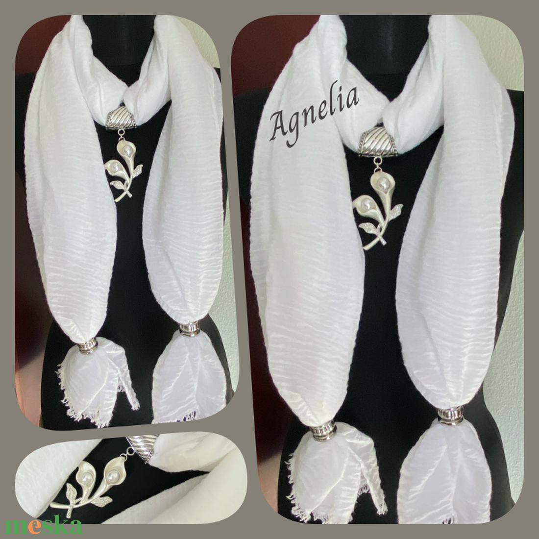 Hófehér ékszersál virágmedállal - ékszer - nyaklánc - medálos nyaklánc - Meska.hu