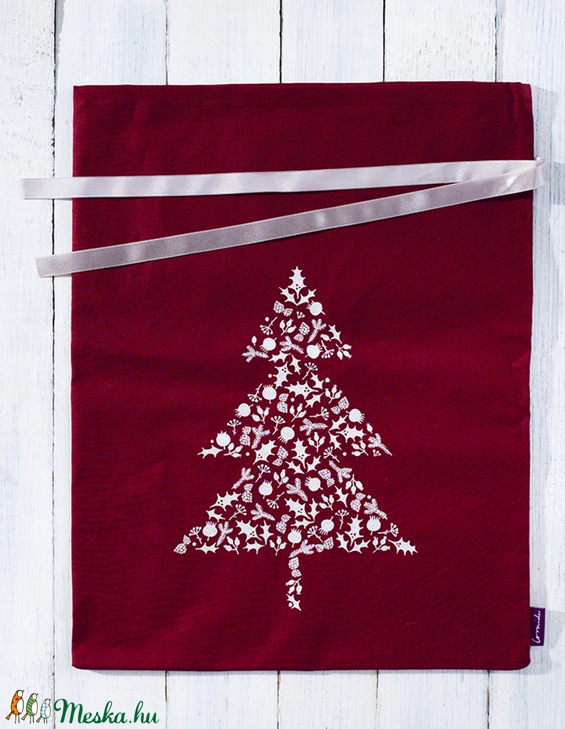 Ajándékcsomagoló zsák nagy, bordó pamutvászon, fenyőfa mintával a papírmentes karácsonyért,  zero waste, környezetbarát - karácsony - Meska.hu