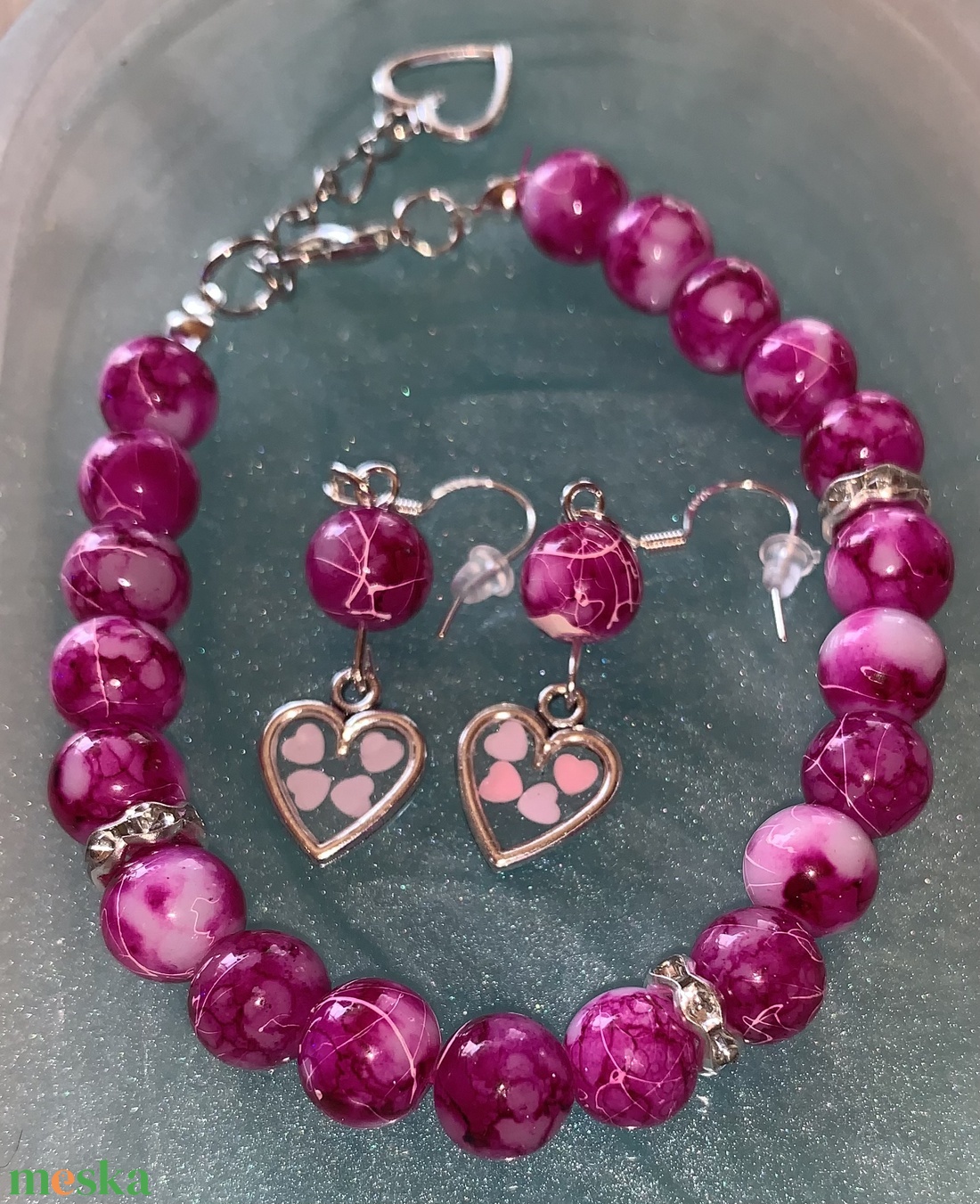 Szíves magenta karkötő szett - ékszer - ékszerszett - Meska.hu
