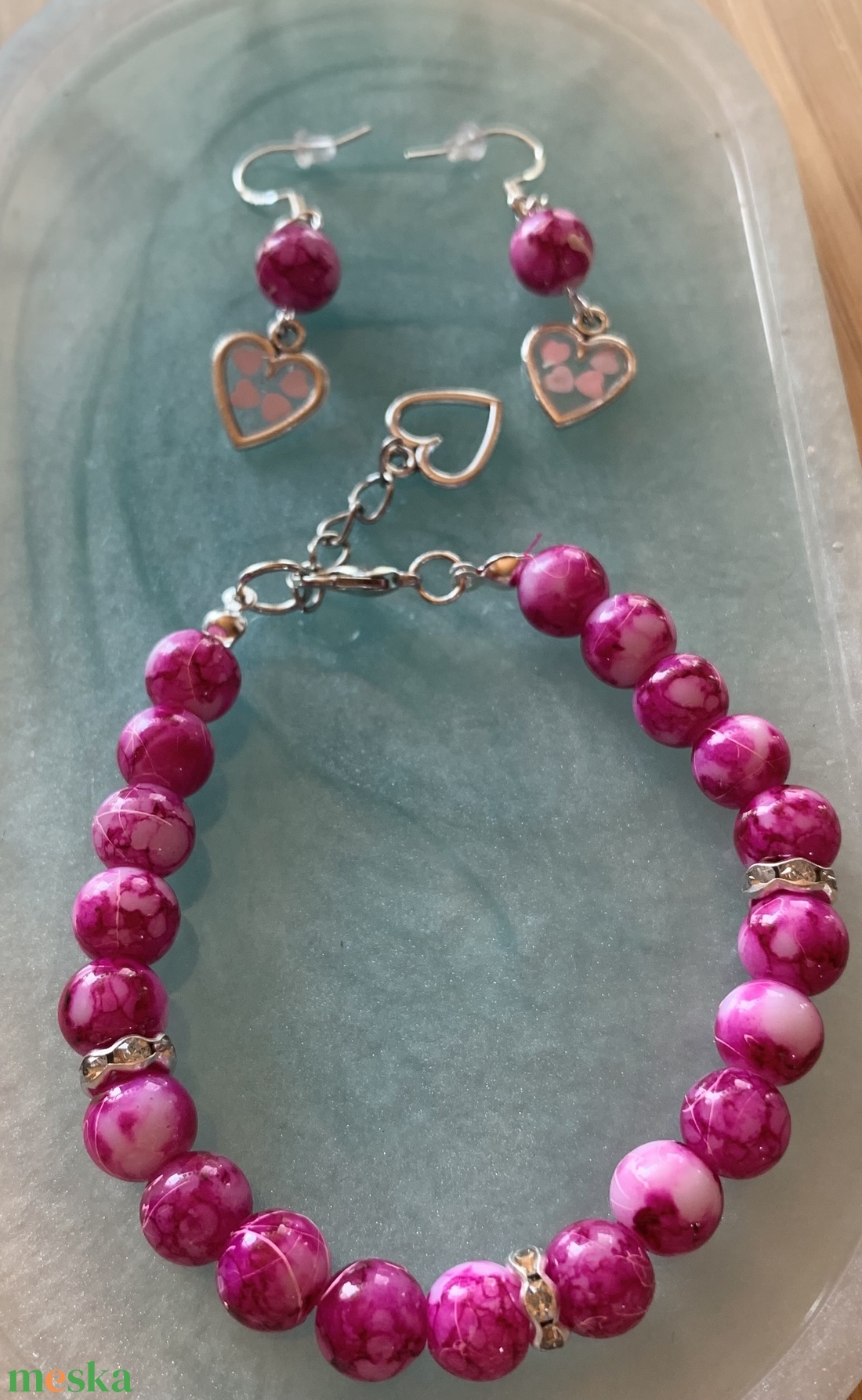 Szíves magenta karkötő szett - ékszer - ékszerszett - Meska.hu