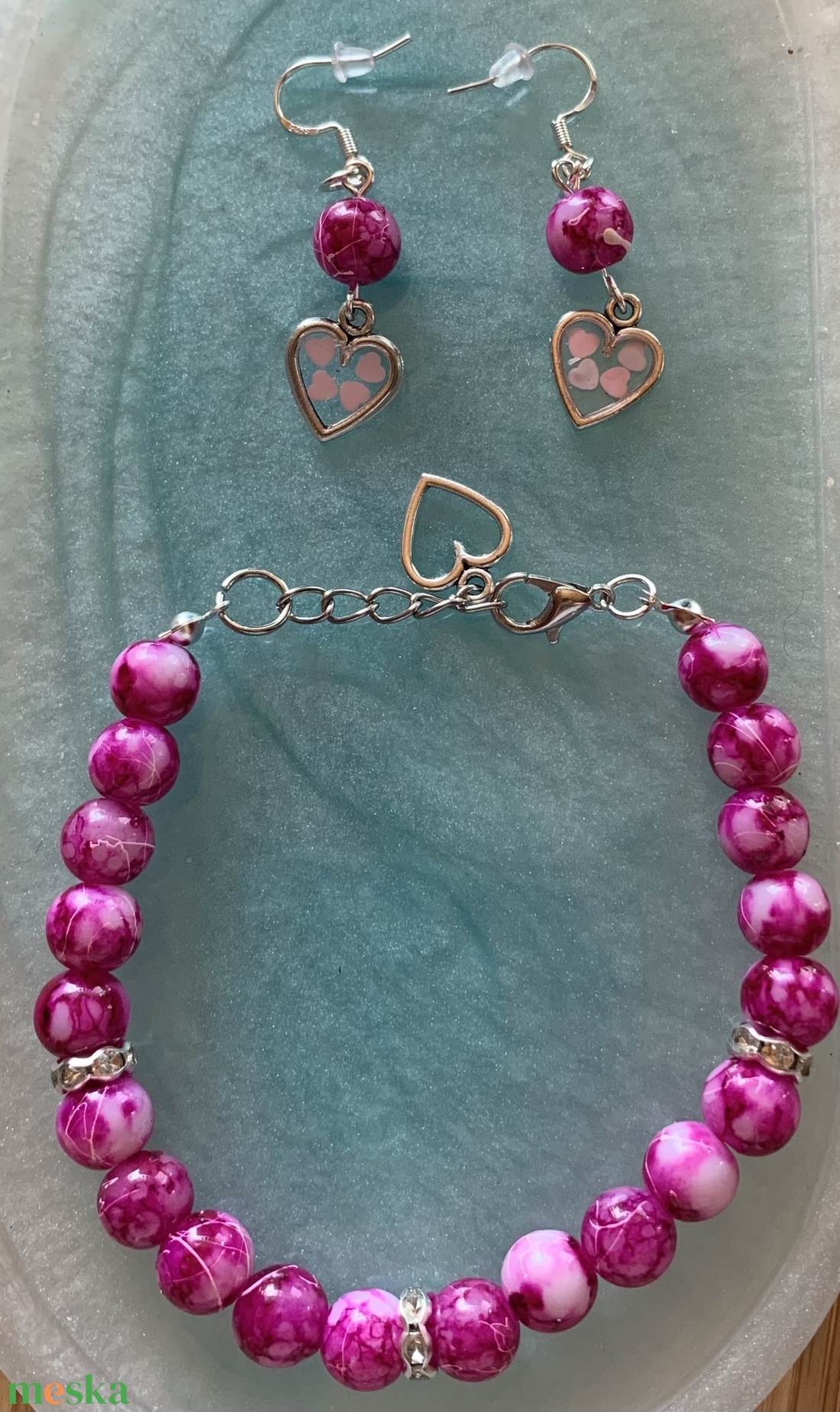 Szíves magenta karkötő szett - ékszer - ékszerszett - Meska.hu