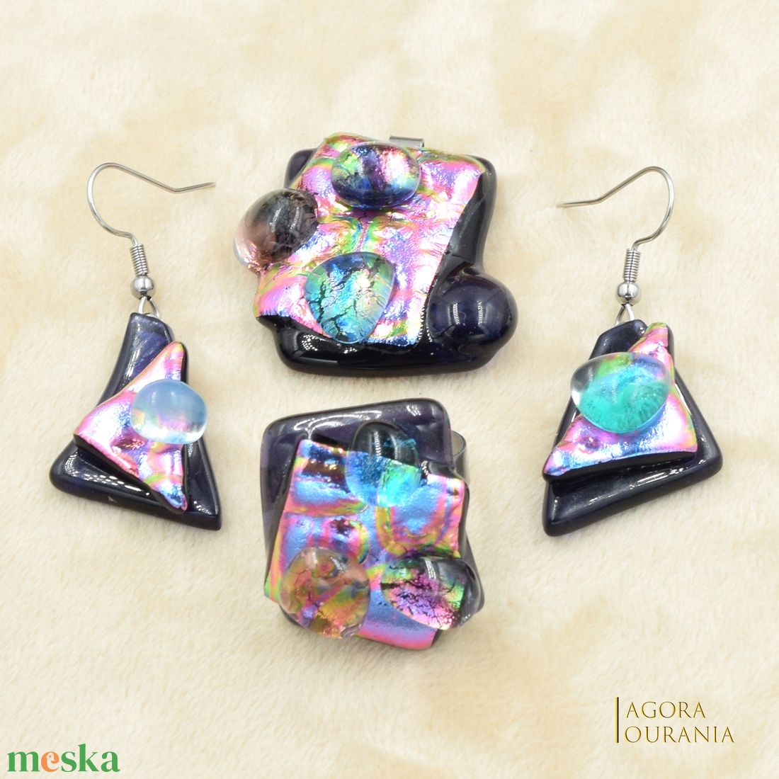 DICHROIC FUSING ÜVEGÉKSZER NO. 100 pink kék - ékszer - ékszerszett - Meska.hu