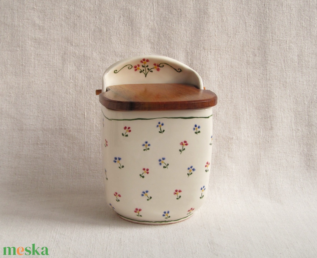 Kerámia sótartó, cukortartó fa fedéllel, virágos díszítéssel - otthon & életmód - konyhafelszerelés, tálalás - konyhai tárolás - fűszertartó - Meska.hu
