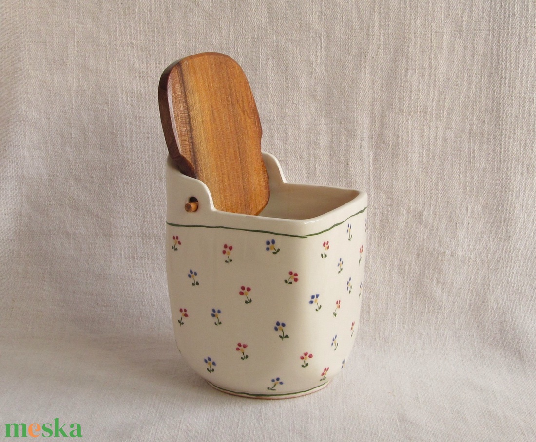 Kerámia sótartó, cukortartó fa fedéllel, virágos díszítéssel - otthon & életmód - konyhafelszerelés, tálalás - konyhai tárolás - fűszertartó - Meska.hu