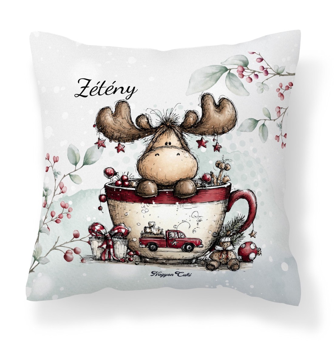 Névvel kérhető - Cuki téli jávorszarvas mintás párna - otthon & életmód - lakástextil - párna & párnahuzat - díszpárna (belsővel együtt) - Meska.hu