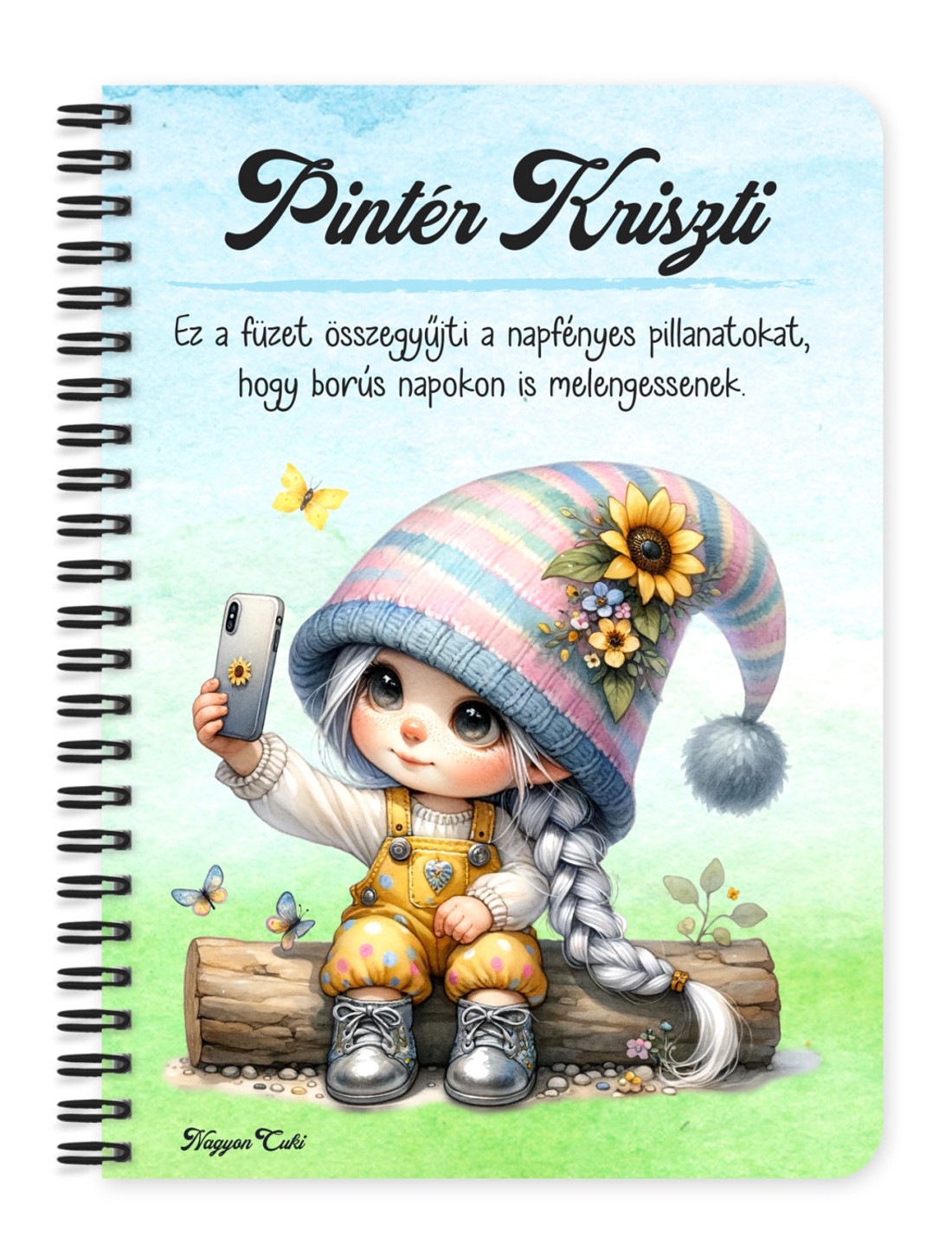 Személyre szabható - Selfie napraforgós manó lány mintás A6-os füzet - otthon & életmód - papír, írószer - jegyzetfüzet & napló - Meska.hu