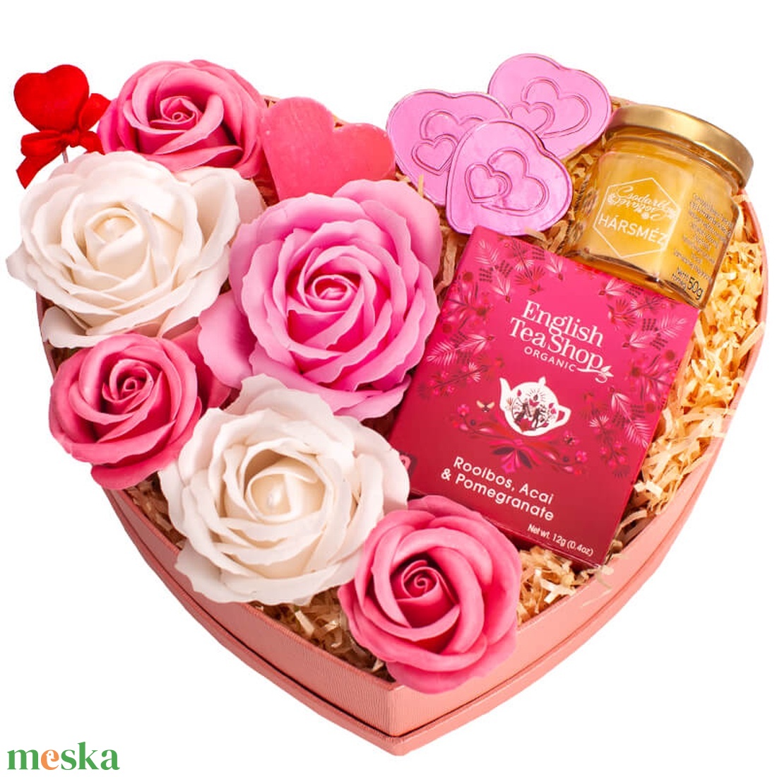 SZÍVMELENGETŐ ajándékcsomag - szív alakú dobozban - élelmiszer - gourmet ajándékcsomag - Meska.hu