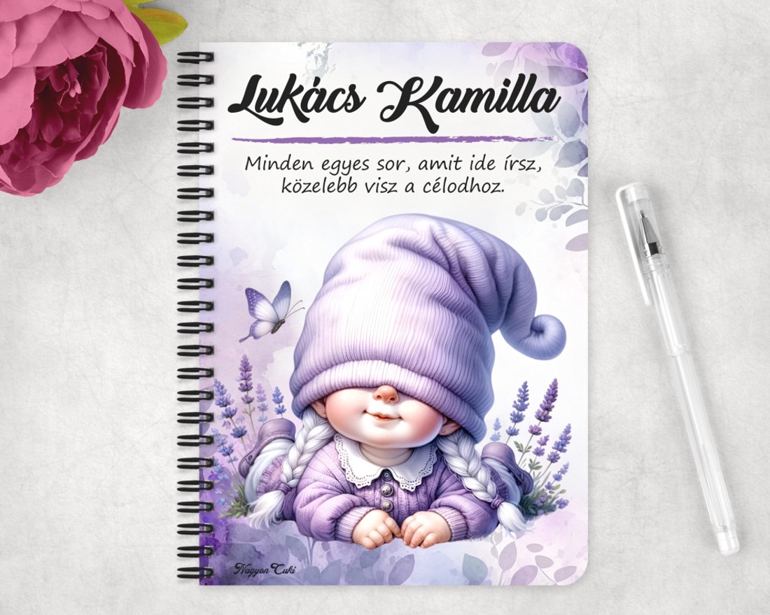 Személyre szabható - Cuki fekvő levendulás manólány mintás A5-ös füzet - otthon & életmód - papír, írószer - jegyzetfüzet & napló - Meska.hu