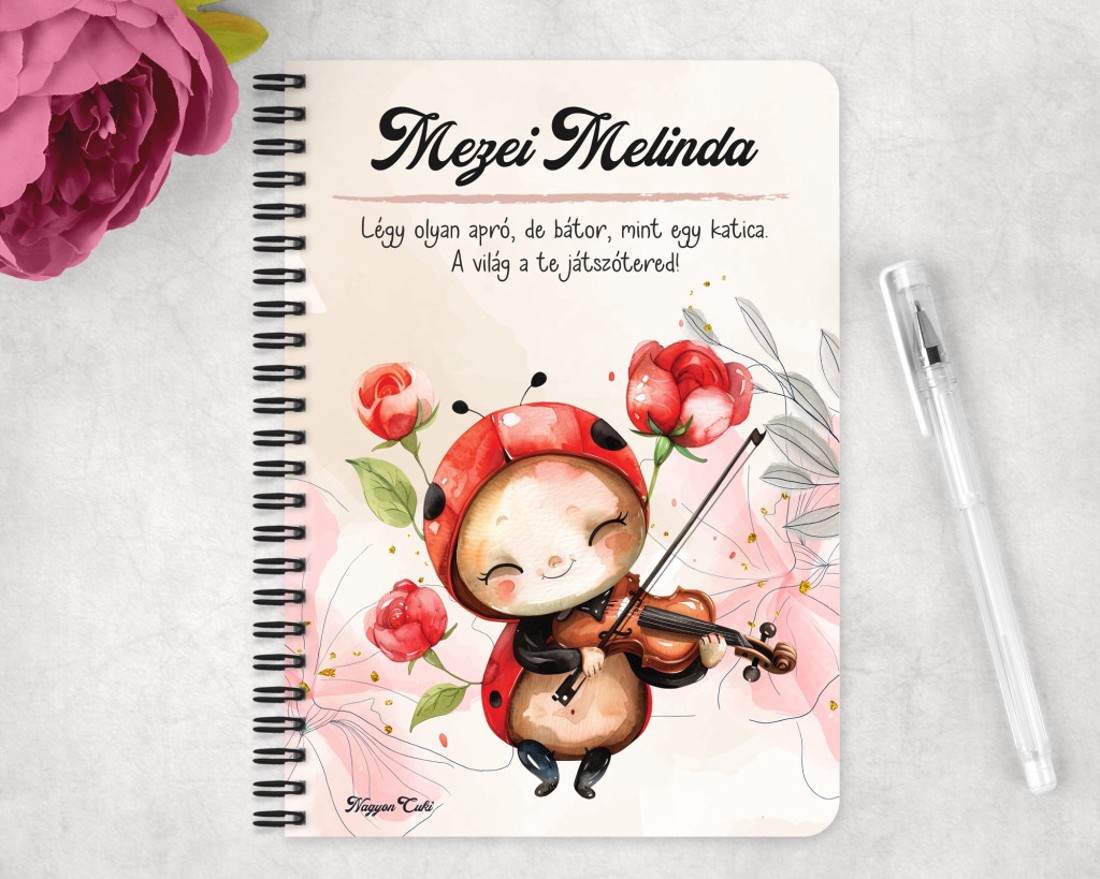 Személyre szabható - Cuki hegedűs katica mintás A5-ös füzet - otthon & életmód - papír, írószer - jegyzetfüzet & napló - Meska.hu