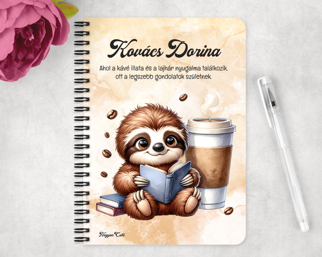 Személyre szabható - Kis kávés lajhár és a könyv mintás A5-ös füzet - otthon & életmód - papír, írószer - jegyzetfüzet & napló - Meska.hu