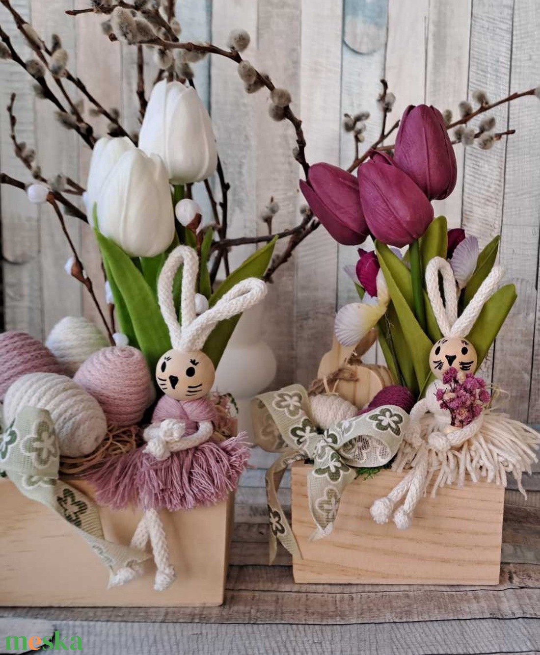 Húsvéti asztali dísz fa kaspóban, nyuszival, tojással, tulipánnal - ünnepi díszek, dekorációk - húsvéti díszek és dekorációk - húsvéti asztaldíszek - Meska.hu