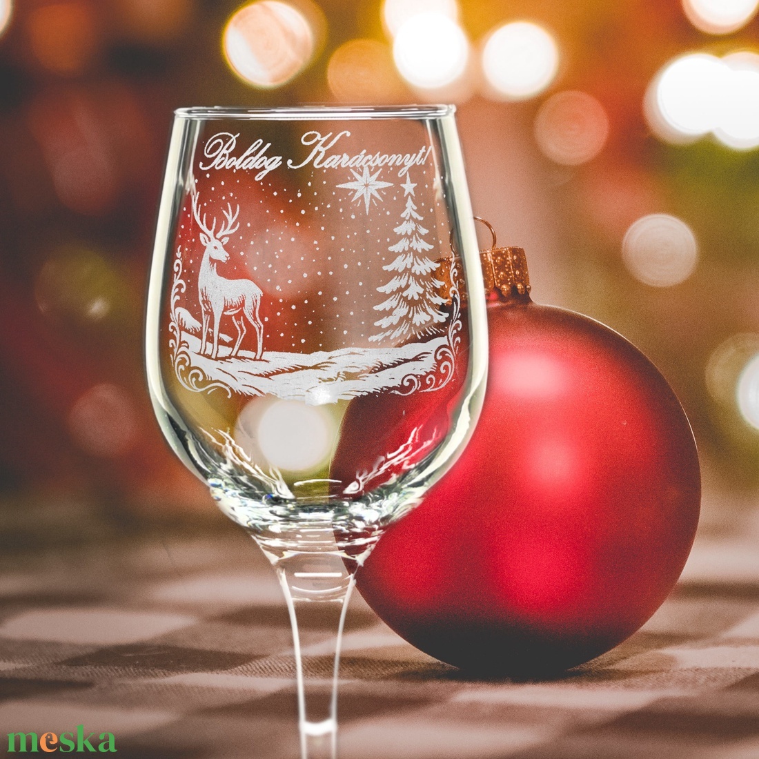 Karácsonyra névre szóló gravírozott pohár szarvasos mintával - otthon & életmód - konyhafelszerelés, tálalás - tálalás - boros poharak, szettek - Meska.hu