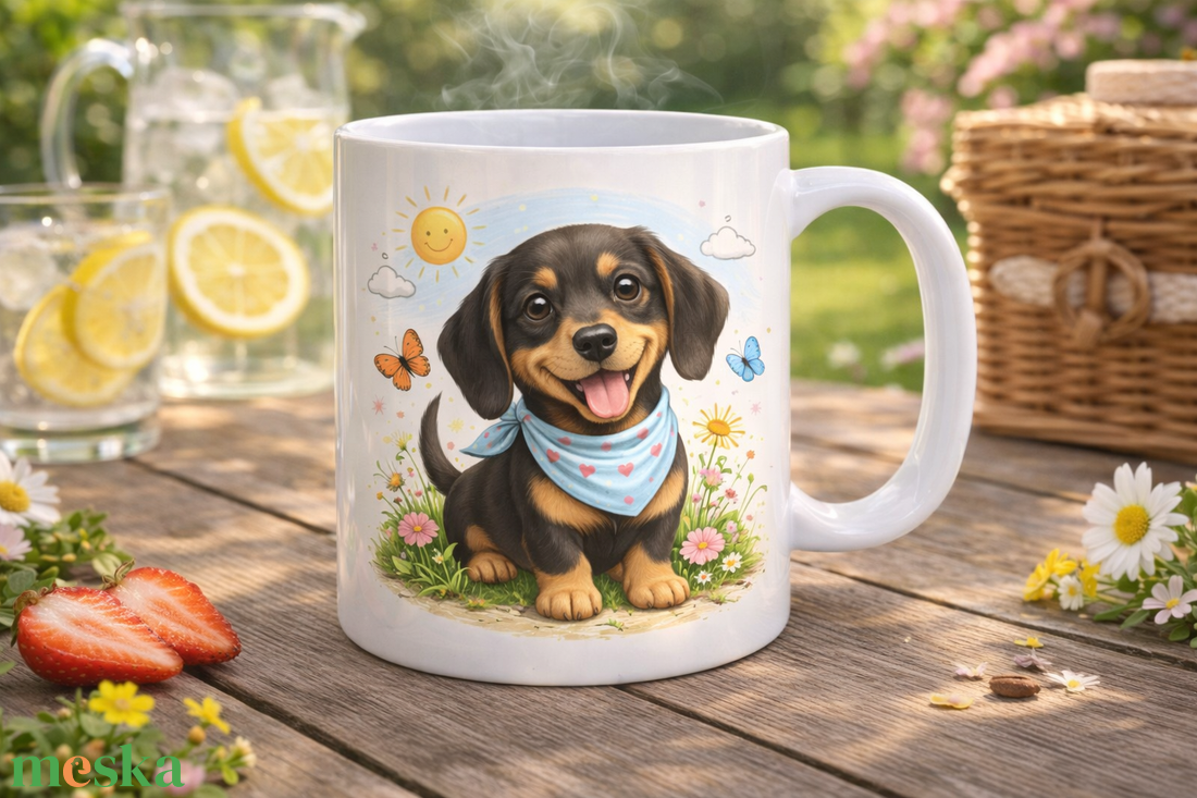 Kutyás bögre � Vidám Tacskó kiskutya virágok között - otthon & életmód - konyhafelszerelés, tálalás - tálalás - bögre & csésze - Meska.hu