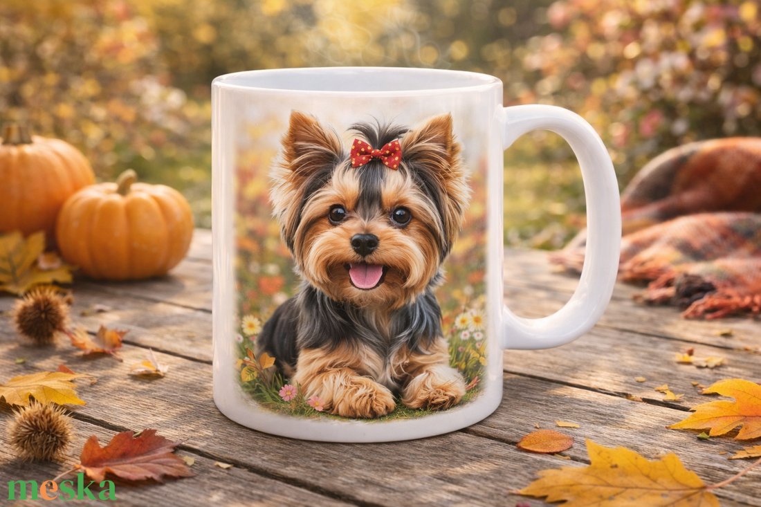 Kutyás bögre � Vidám Yorki kiskutya virágok között - otthon & életmód - konyhafelszerelés, tálalás - tálalás - bögre & csésze - Meska.hu