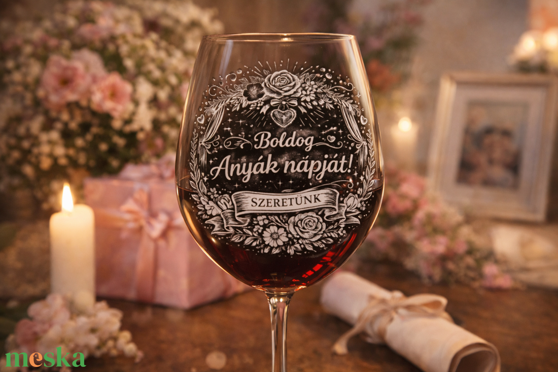 Gravírozott borospohár  Boldog Anyák napját! felirattal  - otthon & életmód - konyhafelszerelés, tálalás - tálalás - boros poharak, szettek - Meska.hu