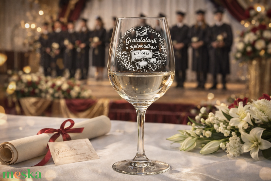 Gravírozott diplomaosztós borospohár Gratulálunk! felirattal - Egyedi ajándék ballagásra és diplomázásra - otthon & életmód - konyhafelszerelés, tálalás - tálalás - boros poharak, szettek - Meska.hu