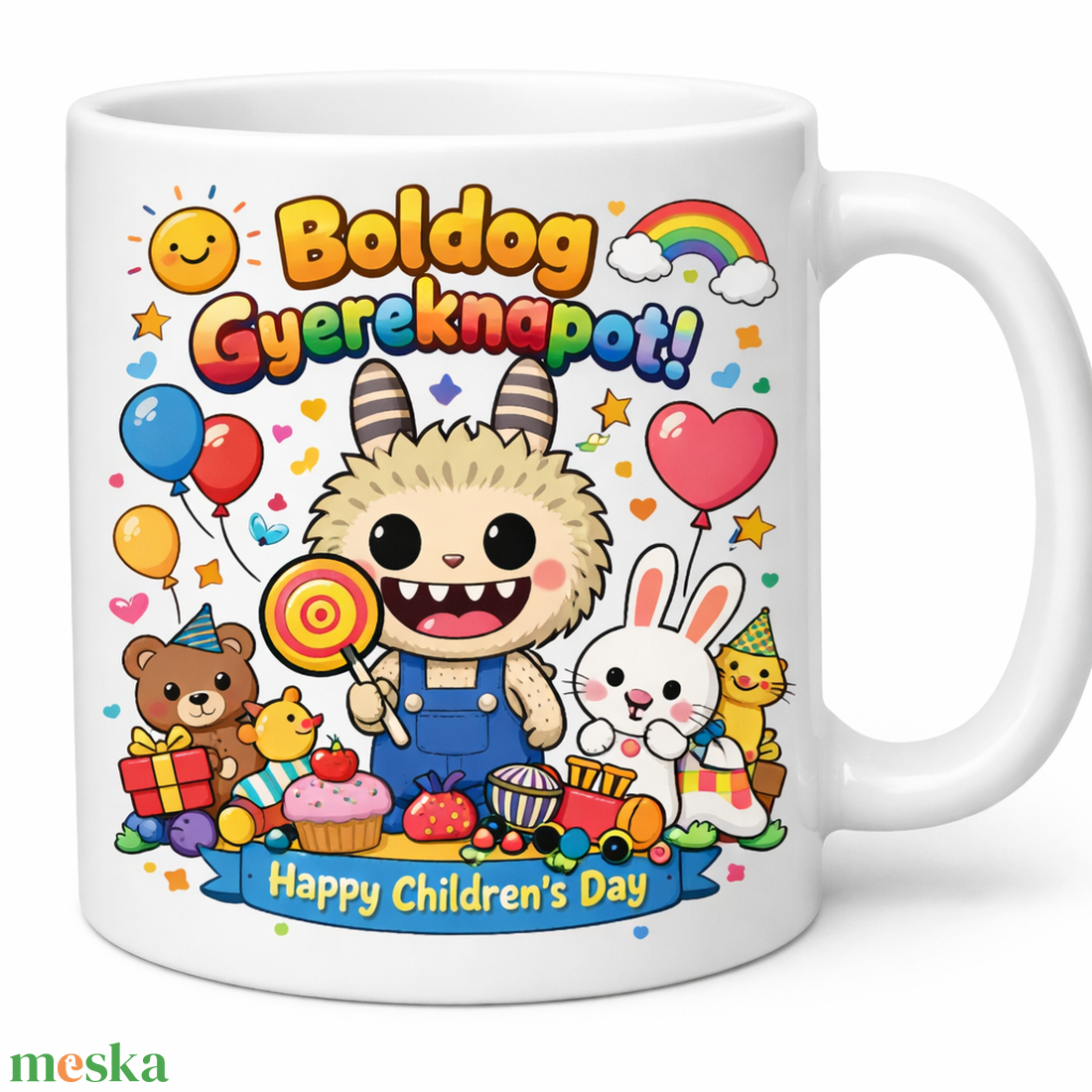 Boldog Gyereknapot feliratú, aranyos szörnyecskés kerámia bögre - otthon & életmód - konyhafelszerelés, tálalás - tálalás - bögre & csésze - Meska.hu