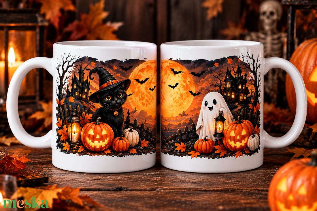 Halloween kerámiabögre � körbefutó mintával, fekete cicával és szellemmel - otthon & életmód - konyhafelszerelés, tálalás - tálalás - bögre & csésze - Meska.hu