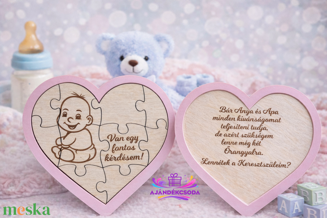 Keresztszülő felkérő fa kirakós szív - baba - mama - keresztelő kellékek - keresztszülő felkérő - Meska.hu