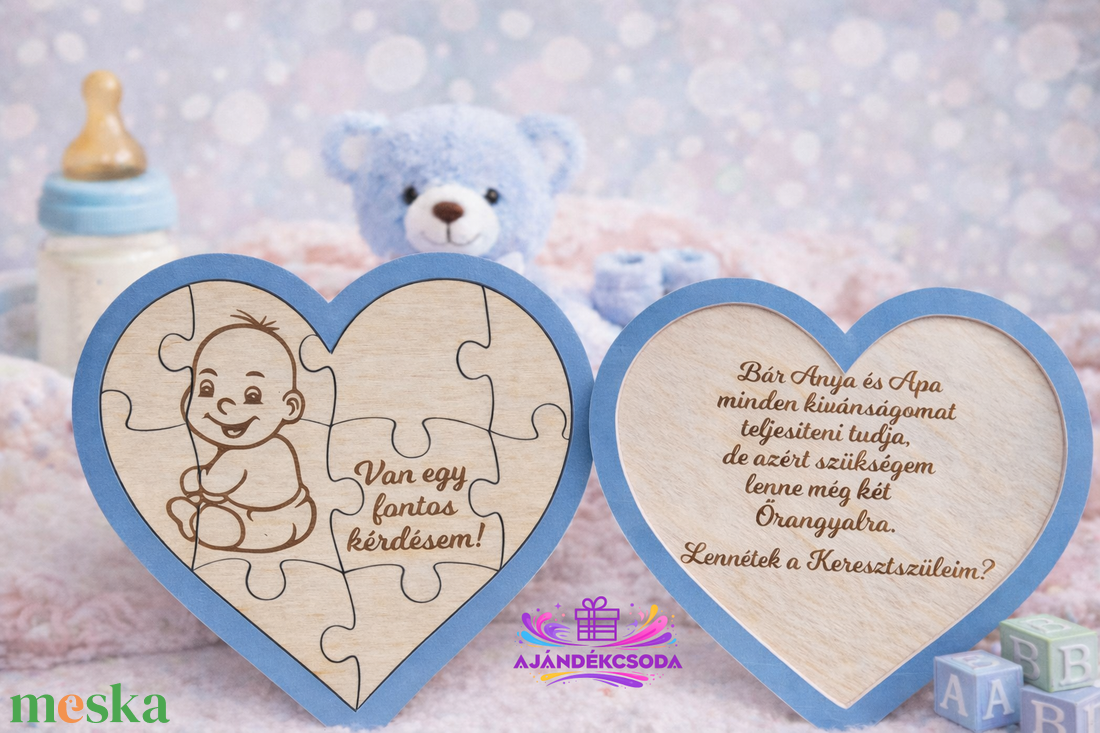 Keresztszülő felkérő fa kirakós szív - baba - mama - keresztelő kellékek - keresztszülő felkérő - Meska.hu