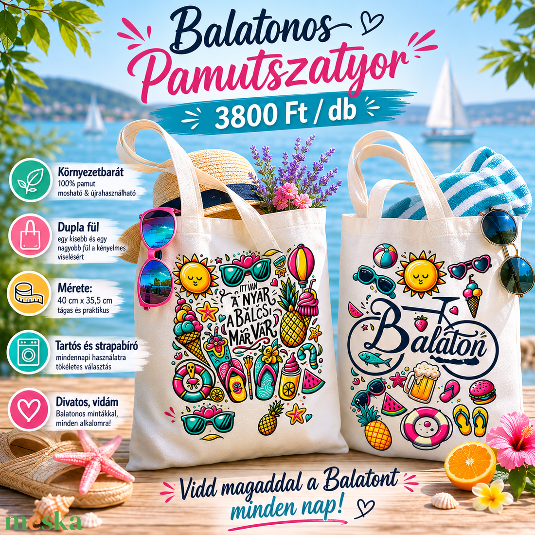 Balatonos Pamutszatyor - táska & tok - bevásárlás & shopper táska - shopper, textiltáska, szatyor - Meska.hu