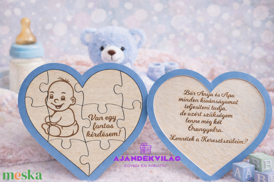 Keresztszülő felkérő fa kirakós szív - baba - mama - keresztelő kellékek - keresztszülő felkérő - Meska.hu