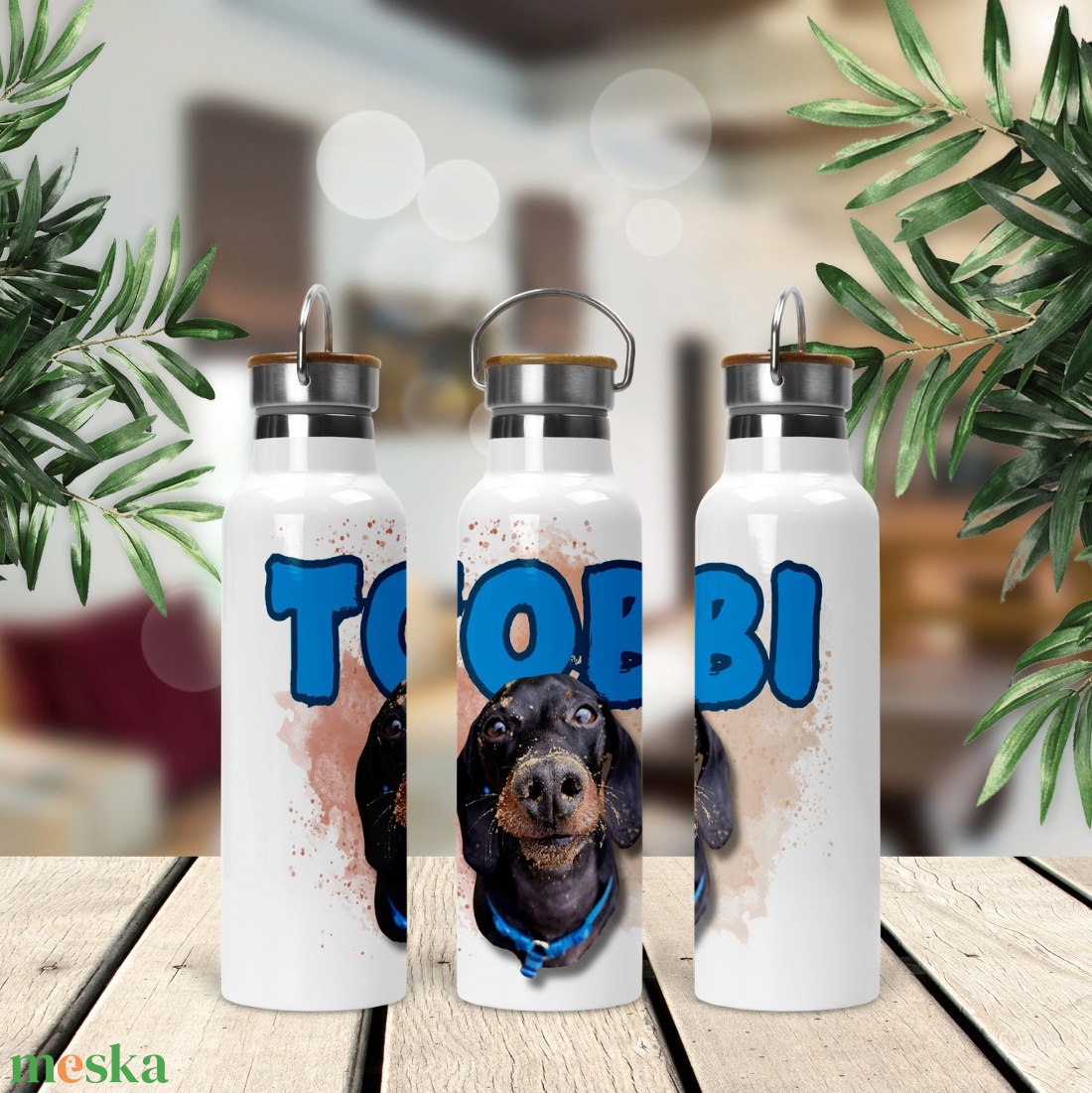 Egyedi kutyás, macskás bambusz fedeles fém kulacs 750ml  a kedvenced mindig veled! - otthon & életmód - konyhafelszerelés, tálalás - italos kellékek - kulacsok - Meska.hu
