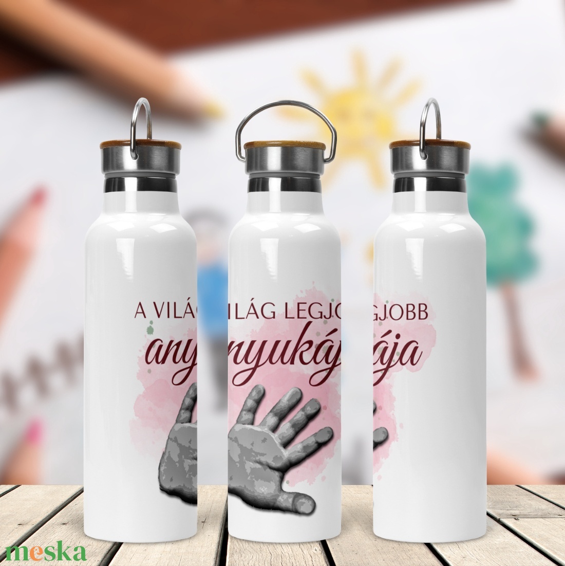 A világ legjobb anyukája/apukája - egyedi tenyérnyomat - bambusz fedeles fém kulacs 750ml - otthon & életmód - konyhafelszerelés, tálalás - italos kellékek - kulacsok - Meska.hu