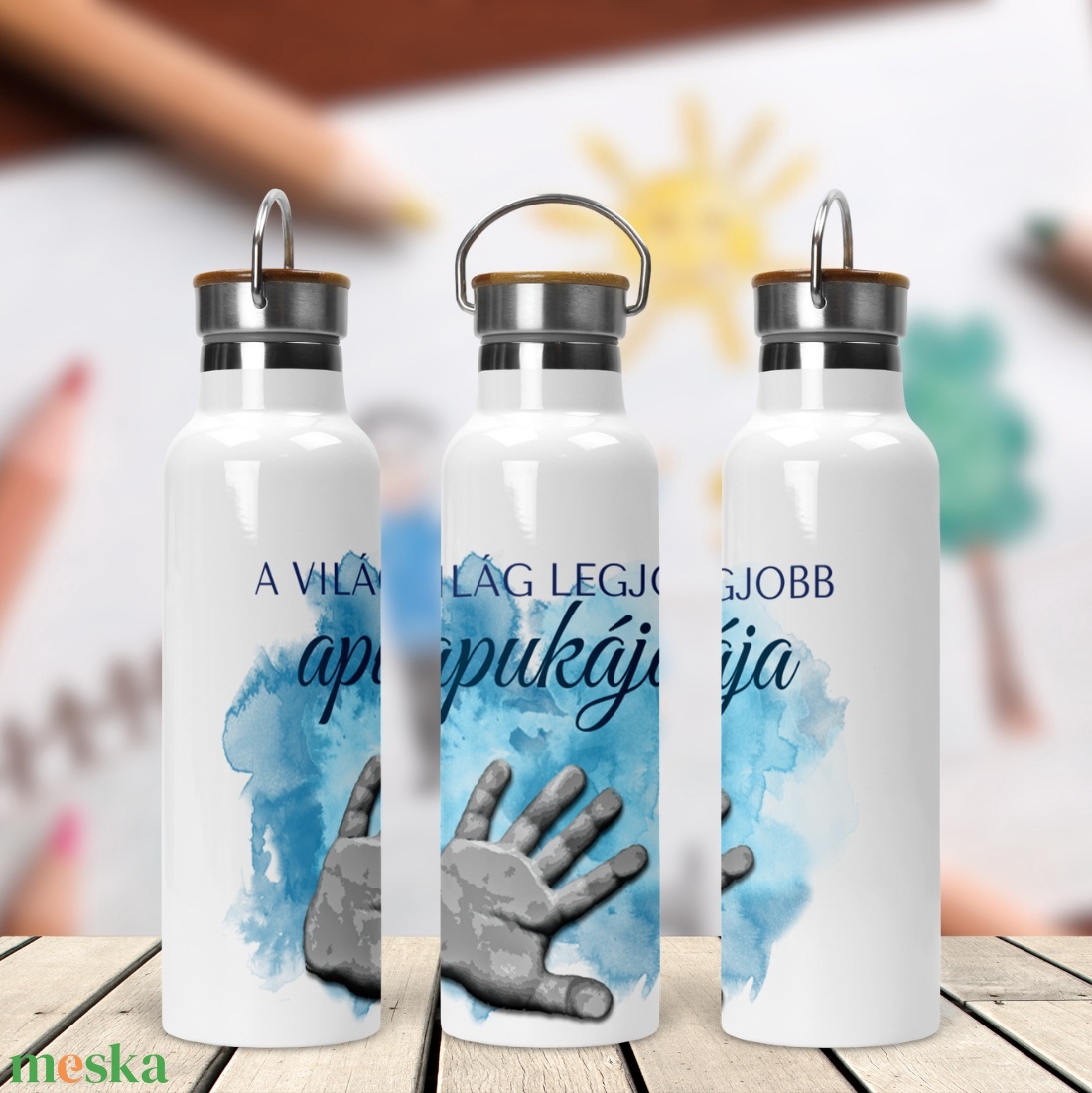 A világ legjobb anyukája/apukája - egyedi tenyérnyomat - bambusz fedeles fém kulacs 750ml - otthon & életmód - konyhafelszerelés, tálalás - italos kellékek - kulacsok - Meska.hu