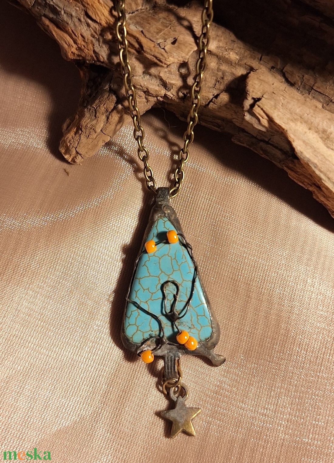 Antik hatású nyaklánc türkiz medállal csillagos függővel - ékszer - nyaklánc - medálos nyaklánc - Meska.hu