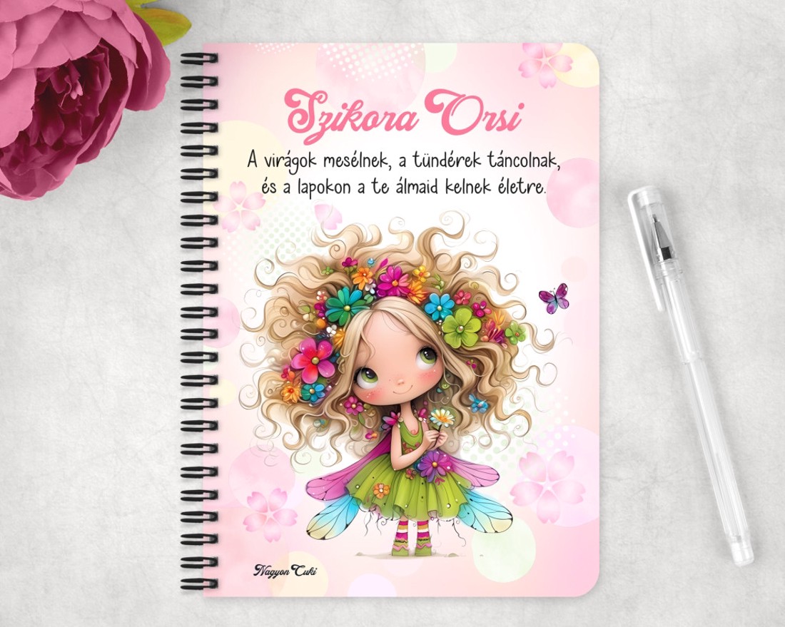 Személyre szabható - Bájos virág tündér pillangóval mintás A6-os füzet - otthon & életmód - papír, írószer - jegyzetfüzet & napló - Meska.hu
