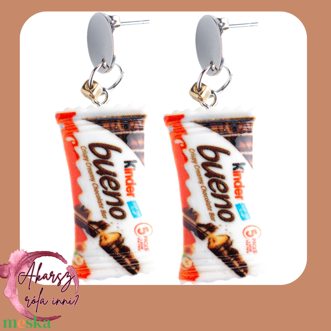 Kinder Bueno lógós fülbevaló - ékszer - fülbevaló - lógó fülbevaló - Meska.hu