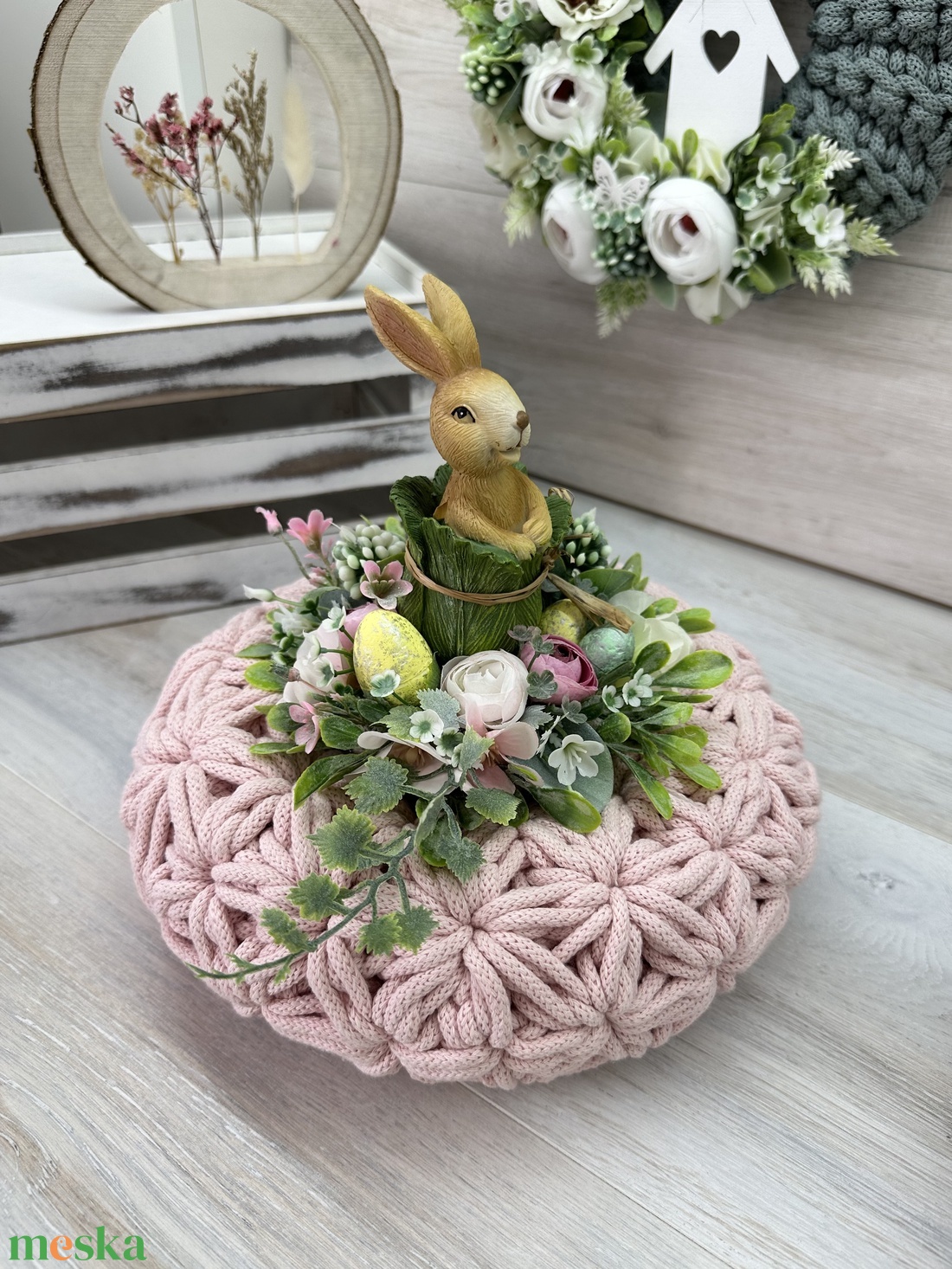 OkosDekor - Húsvéti nyuszis �Jázmin horgolt koszorú, S méret - otthon & életmód - dekoráció - asztal és polc dekoráció - asztaldísz - Meska.hu