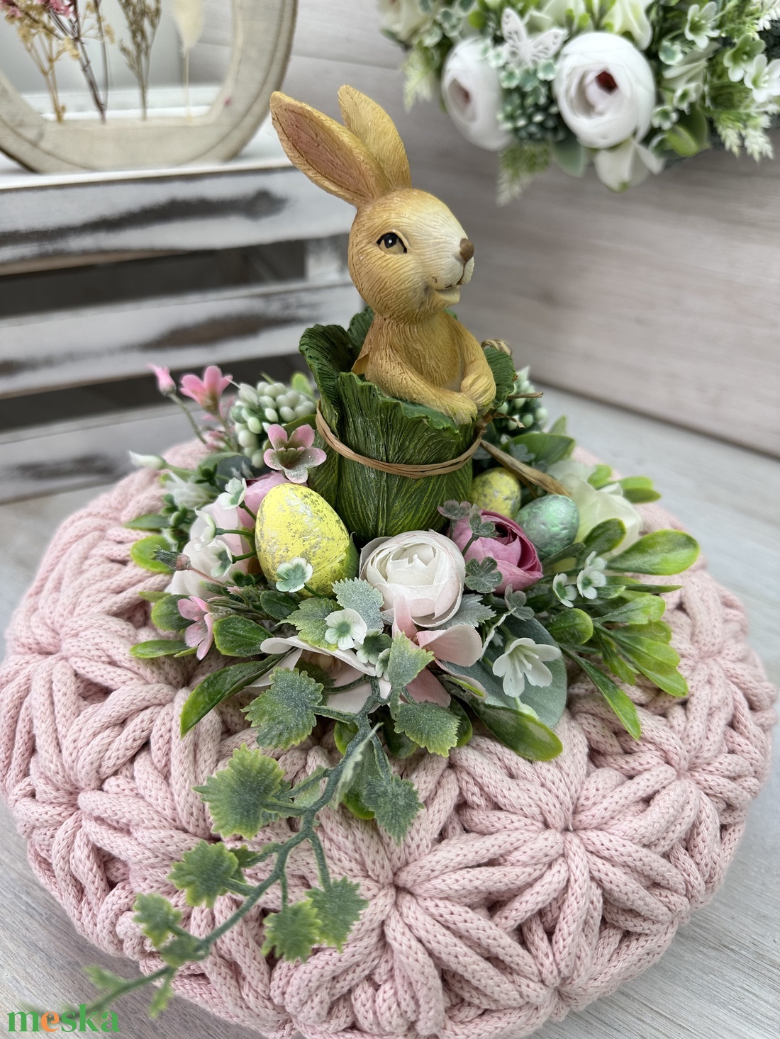 OkosDekor - Húsvéti nyuszis �Jázmin horgolt koszorú, S méret - otthon & életmód - dekoráció - asztal és polc dekoráció - asztaldísz - Meska.hu