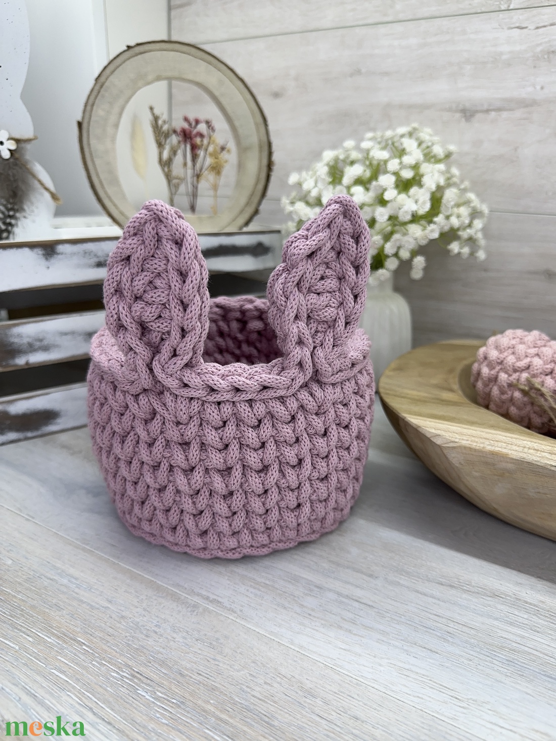 Horgolt húsvéti, nyuszifüles tojásgyűjtő kosár - otthon & életmód - tárolás & rendszerezés - tárolókosár - Meska.hu