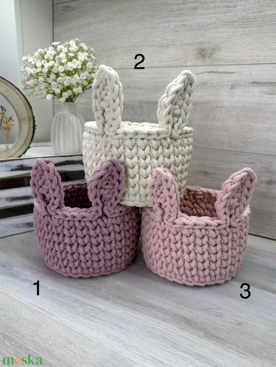 Horgolt húsvéti, nyuszifüles tojásgyűjtő kosár - otthon & életmód - tárolás & rendszerezés - tárolókosár - Meska.hu