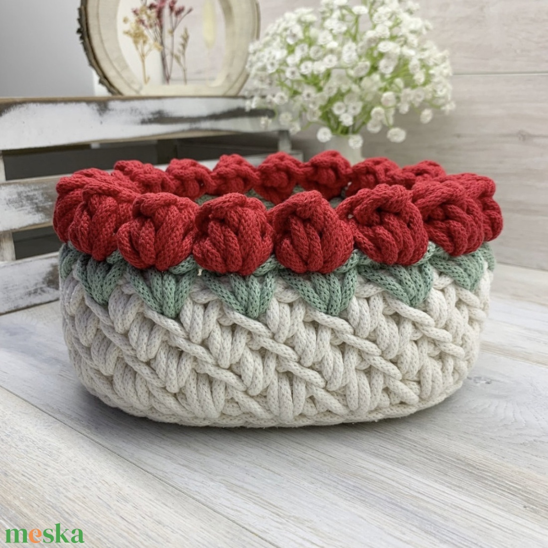 3D tulipános horgolt tároló kosár - nagy - otthon & életmód - tárolás & rendszerezés - tárolókosár - Meska.hu